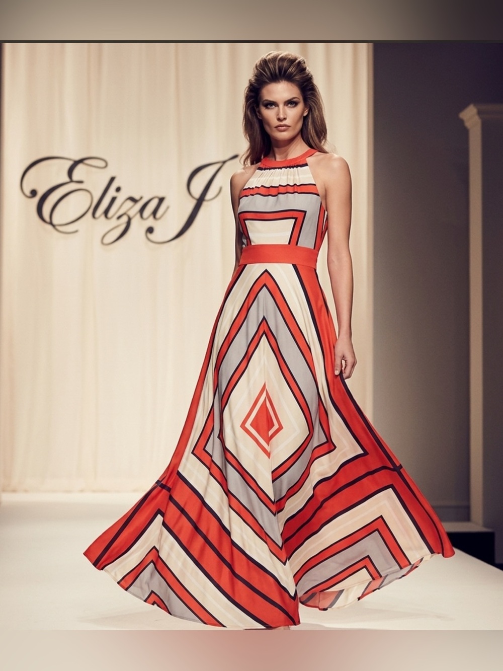 Authentic Eliza J designer Geo-Print Halter Maxi Dress sz 6